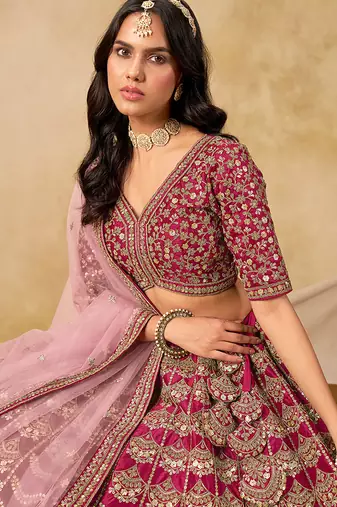 Rani-Pink Embroidered Sequins Work Art Silk Lehenga Choli