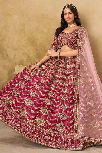 Rani-Pink Embroidered Sequins Work Art Silk Lehenga Choli