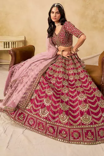 Rani-Pink Embroidered Sequins Work Art Silk Lehenga Choli