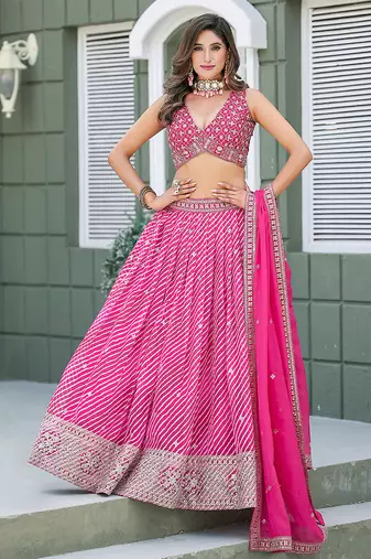 Rani-Pink Embroidered Sequins Work Taby Silk  Lehenga Choli with Dupatta