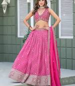 Rani-Pink Embroidered Sequins Work Taby Silk  Lehenga Choli with Dupatta