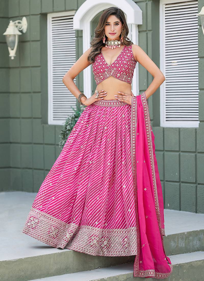 Rani-Pink Embroidered Sequins Work Taby Silk  Lehenga Choli with Dupatta