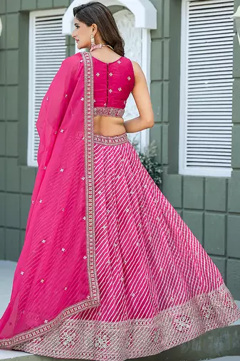Rani-Pink Embroidered Sequins Work Taby Silk  Lehenga Choli with Dupatta