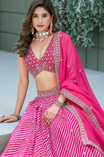 Rani-Pink Embroidered Sequins Work Taby Silk  Lehenga Choli with Dupatta