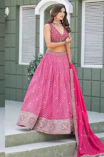 Rani-Pink Embroidered Sequins Work Taby Silk  Lehenga Choli with Dupatta