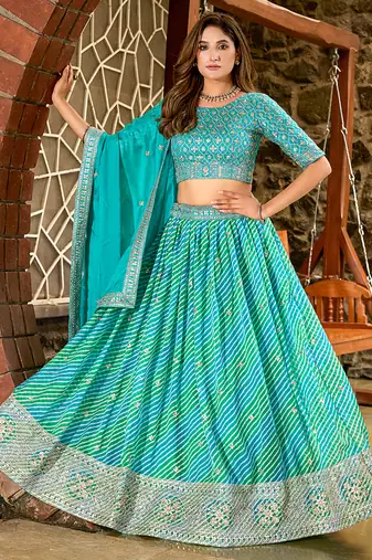 Sea Green Embroidered Sequins Work Taby Silk  Lehenga Choli