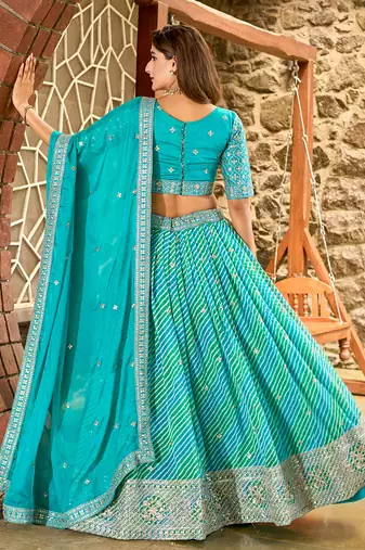 Sea Green Embroidered Sequins Work Taby Silk  Lehenga Choli