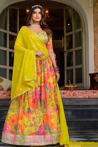 Yellow Embroidered Sequins Work Taby Silk  Lehenga Choli with Dupatta