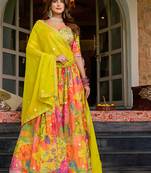Yellow Embroidered Sequins Work Taby Silk  Lehenga Choli with Dupatta