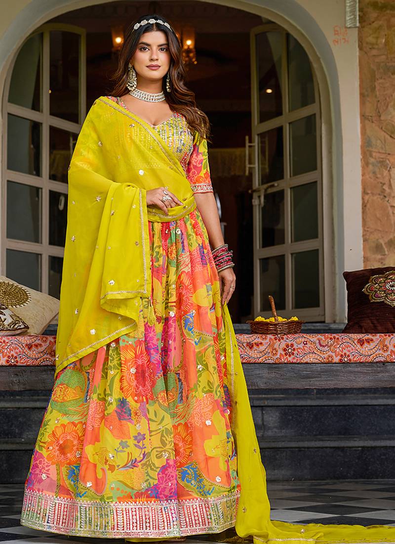 Yellow Embroidered Sequins Work Taby Silk  Lehenga Choli with Dupatta