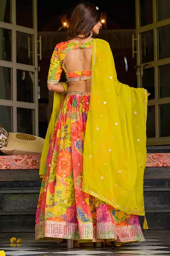Yellow Embroidered Sequins Work Taby Silk  Lehenga Choli with Dupatta