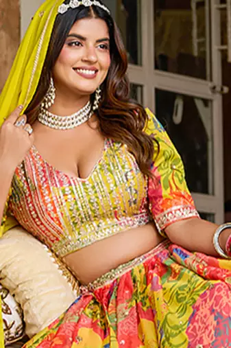 Yellow Embroidered Sequins Work Taby Silk  Lehenga Choli with Dupatta