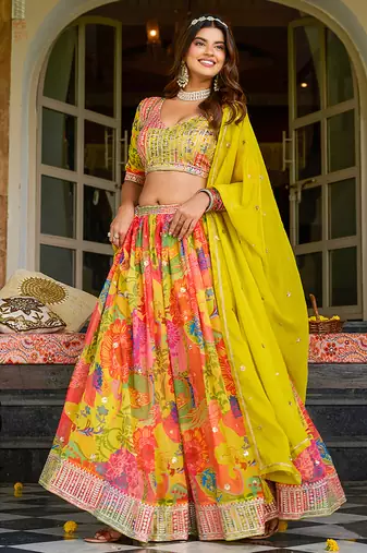 Yellow Embroidered Sequins Work Taby Silk  Lehenga Choli with Dupatta