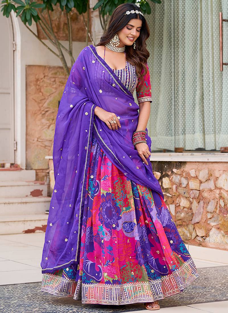Purple Embroidered Sequins Work Taby Silk  Lehenga Choli Party Wear Style
