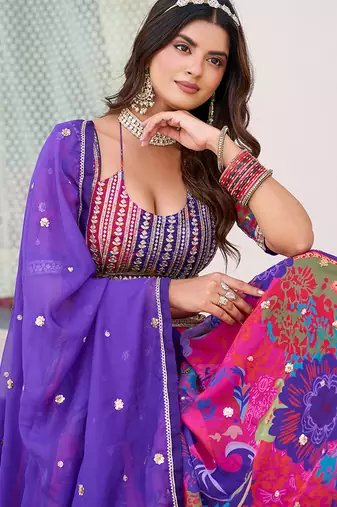 Purple Embroidered Sequins Work Taby Silk  Lehenga Choli Party Wear Style