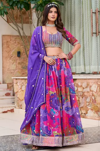Purple Embroidered Sequins Work Taby Silk  Lehenga Choli Party Wear Style