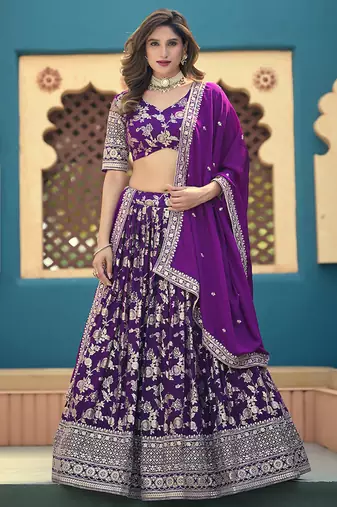 Lavender Embroidered Sequins Work Dolla Silk Jaccaurd Lehenga Choli