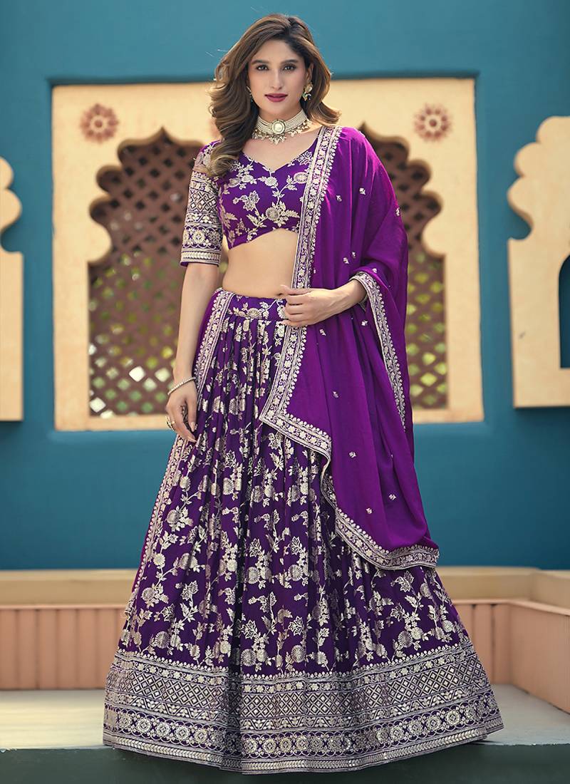 Lavender Embroidered Sequins Work Dolla Silk Jaccaurd Lehenga Choli