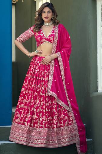 Rani-Pink Embroidered Sequins Work Dolla Silk Jaccaurd Lehenga Choli