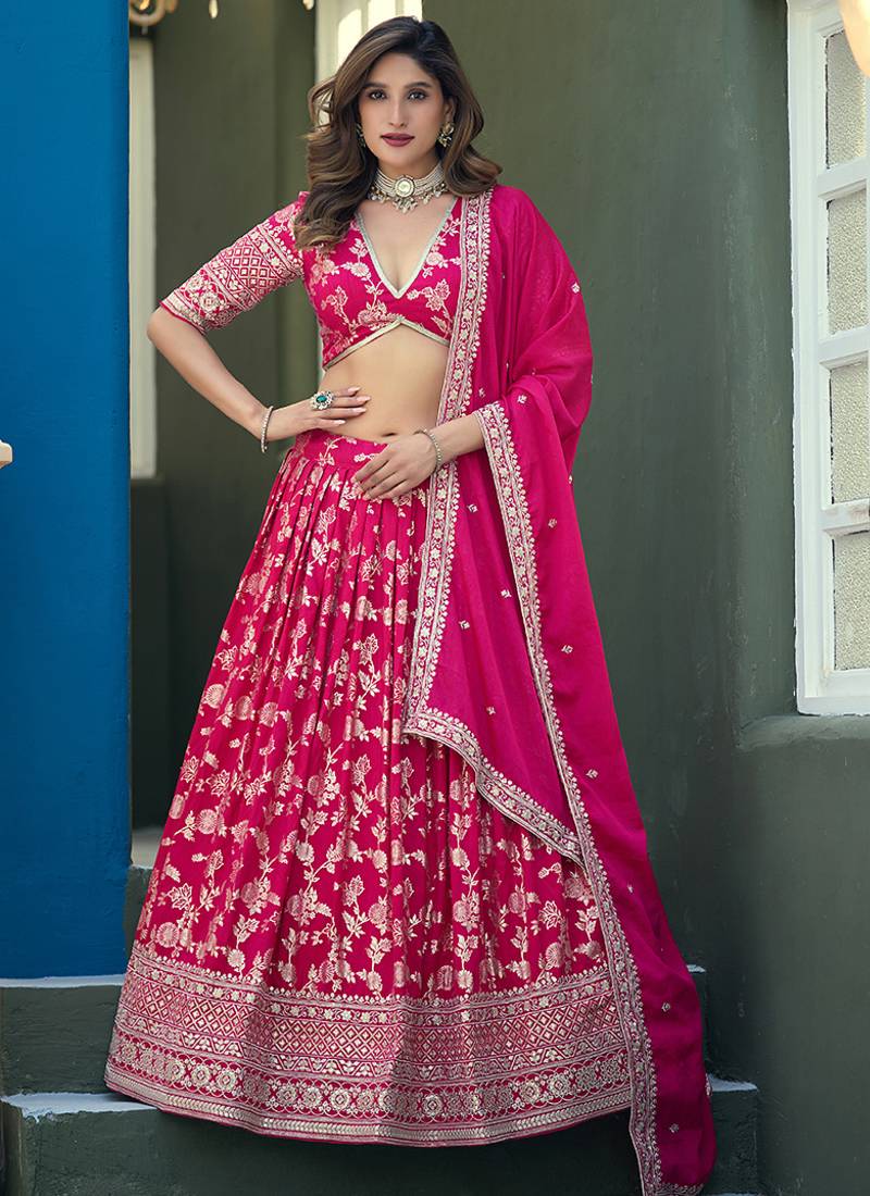 Rani-Pink Embroidered Sequins Work Dolla Silk Jaccaurd Lehenga Choli