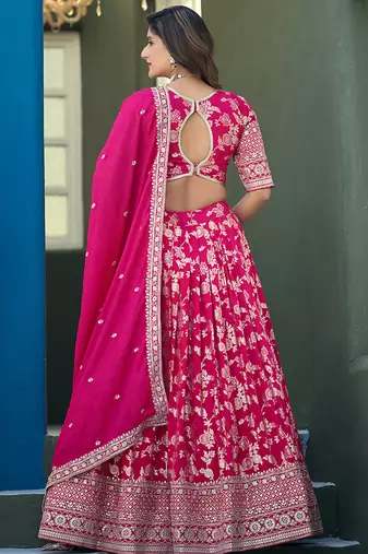 Rani-Pink Embroidered Sequins Work Dolla Silk Jaccaurd Lehenga Choli