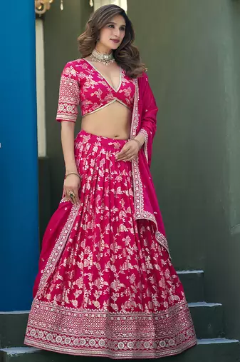 Rani-Pink Embroidered Sequins Work Dolla Silk Jaccaurd Lehenga Choli