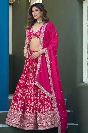 Rani-Pink Embroidered Sequins Work Dolla Silk Jaccaurd Lehenga Choli