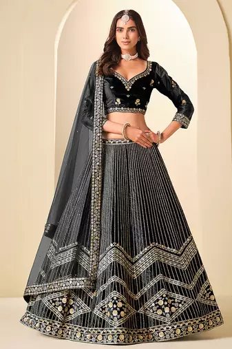 Black Embroidered Sequins Work Ice Velvet Lehenga Choli For Women