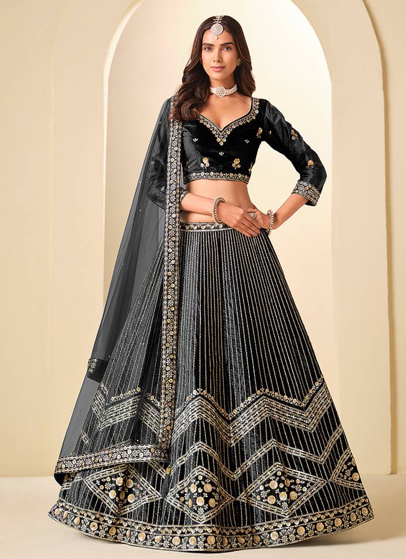 Black Embroidered Sequins Work Ice Velvet Lehenga Choli For Women
