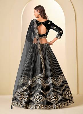 Black Embroidered Sequins Work Ice Velvet Lehenga Choli For Women 2