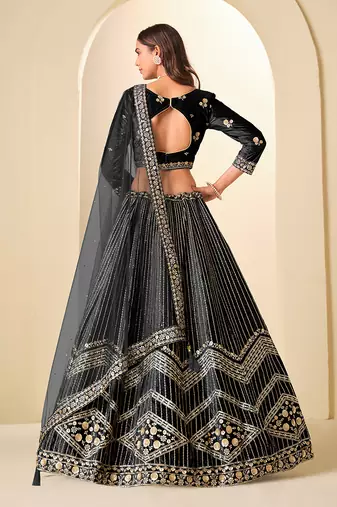 Black Embroidered Sequins Work Ice Velvet Lehenga Choli For Women
