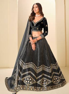 Black Embroidered Sequins Work Ice Velvet Lehenga Choli For Women 4