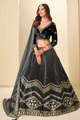 Black Embroidered Sequins Work Ice Velvet Lehenga Choli For Women