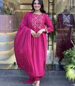 pink embroidered chanderi straight kurta set with chinon dupatta