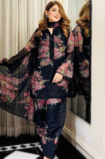 black printed faux georgette kurta set with dupatta