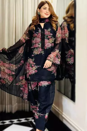 black printed faux georgette kurta set with dupatta