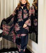 black printed faux georgette kurta set with dupatta