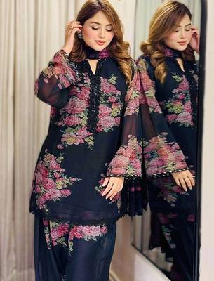 black printed faux georgette kurta set with dupatta 2