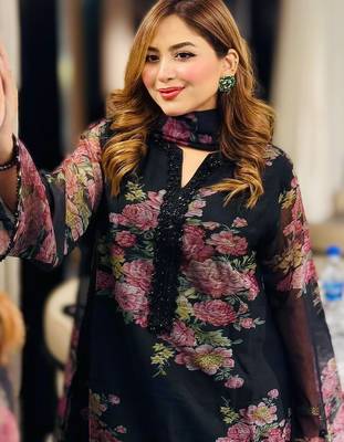 black printed faux georgette kurta set with dupatta 3