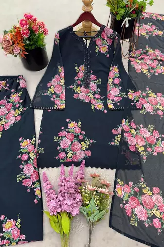 black printed faux georgette kurta set with dupatta