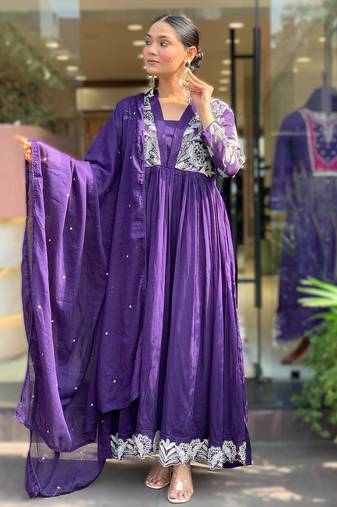 purple royal roman silk embroidered pleating kurti set with dupatta