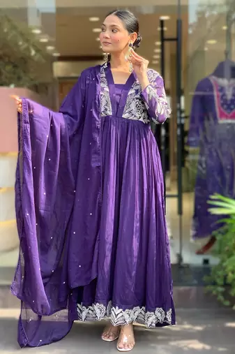 purple royal roman silk embroidered pleating kurti set with dupatta