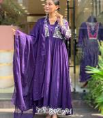 purple royal roman silk embroidered pleating kurti set with dupatta