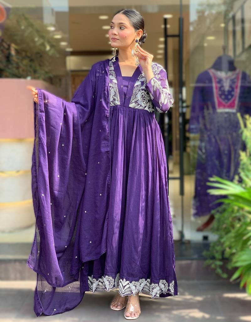 purple royal roman silk embroidered pleating kurti set with dupatta