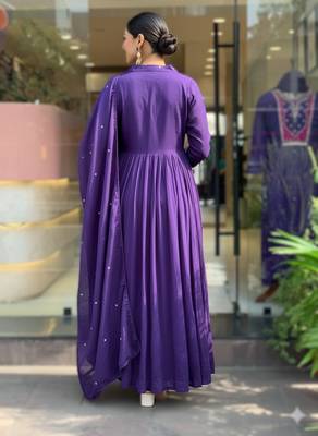 purple royal roman silk embroidered pleating kurti set with dupatta 2