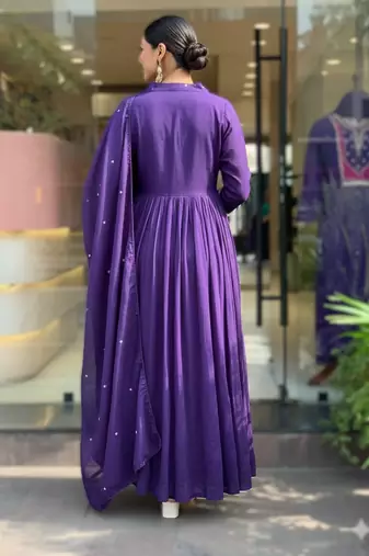 purple royal roman silk embroidered pleating kurti set with dupatta