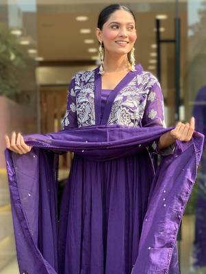 purple royal roman silk embroidered pleating kurti set with dupatta 3