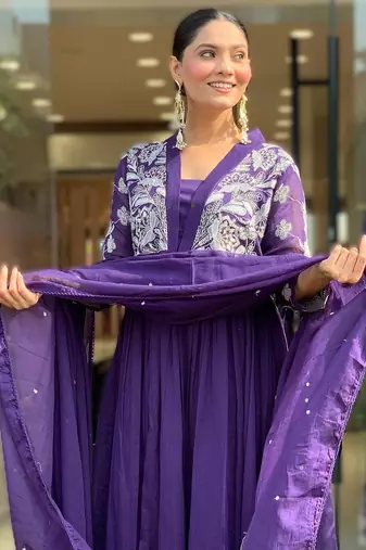 purple royal roman silk embroidered pleating kurti set with dupatta