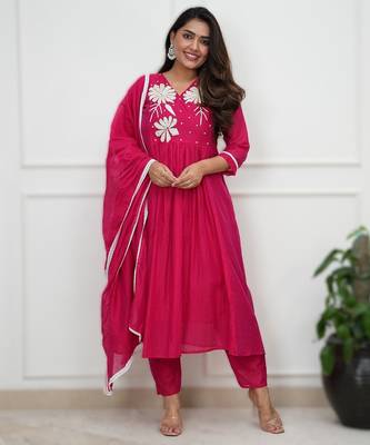 pink roman fabric handwork kurti set with pant & dupatta 1