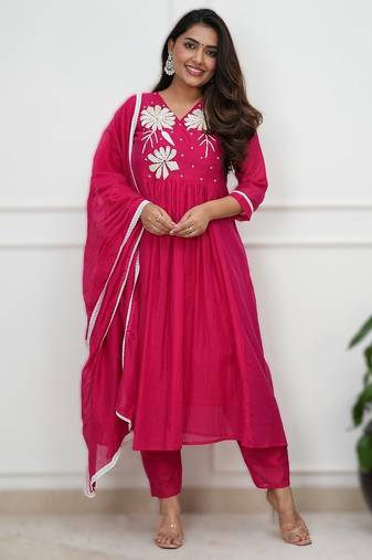 pink roman fabric handwork kurti set with pant & dupatta